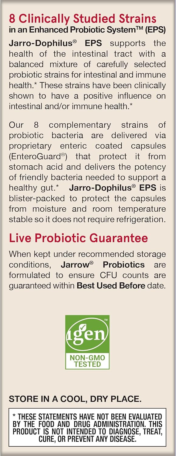 Jarrow Formulas Jarro-Dophilus EPS Probiotics 10 Billion CFU, Intestinal Tract Support, 60 Veggie Capsules (Pack of 12)