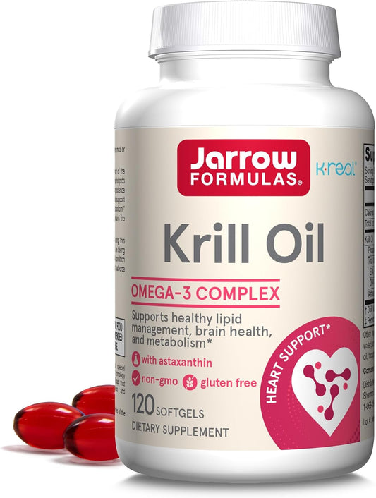 Jarrow Formulas Krill Oil Softgels - Phospholipid Omega-3 Complex with Astaxanthin - Supports Lipid Management, Metabolism, Brain & Heart Health - EPA & DHA - Gluten Free & Non-GMO - 120 Softgels