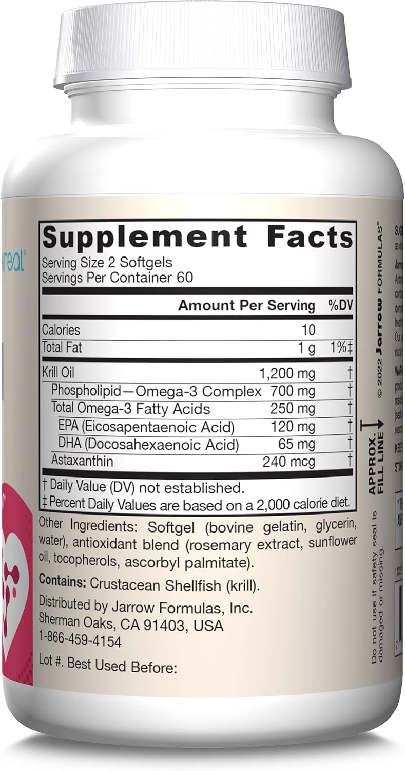 Jarrow Formulas Krill Oil Softgels - Phospholipid Omega-3 Complex with Astaxanthin - Supports Lipid Management, Metabolism, Brain & Heart Health - EPA & DHA - Gluten Free & Non-GMO - 120 Softgels