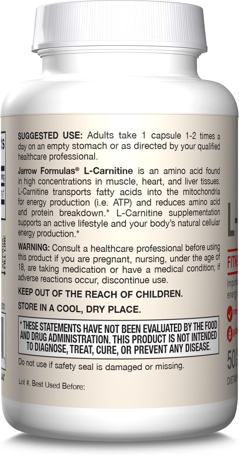 Jarrow Formulas L-Carnitine 500 mg Dietary Supplement - Supports Cellular Energy - 600 Veggie Capsules for 600 Day Supply