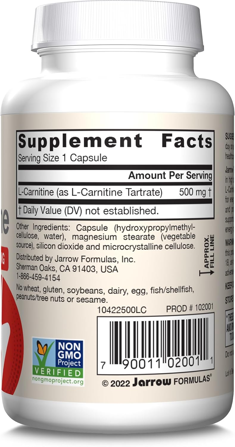 Jarrow Formulas® L-Carnitine 500 mg Dietary Supplement - 50 Veggie Capsules for Cellular Energy Production