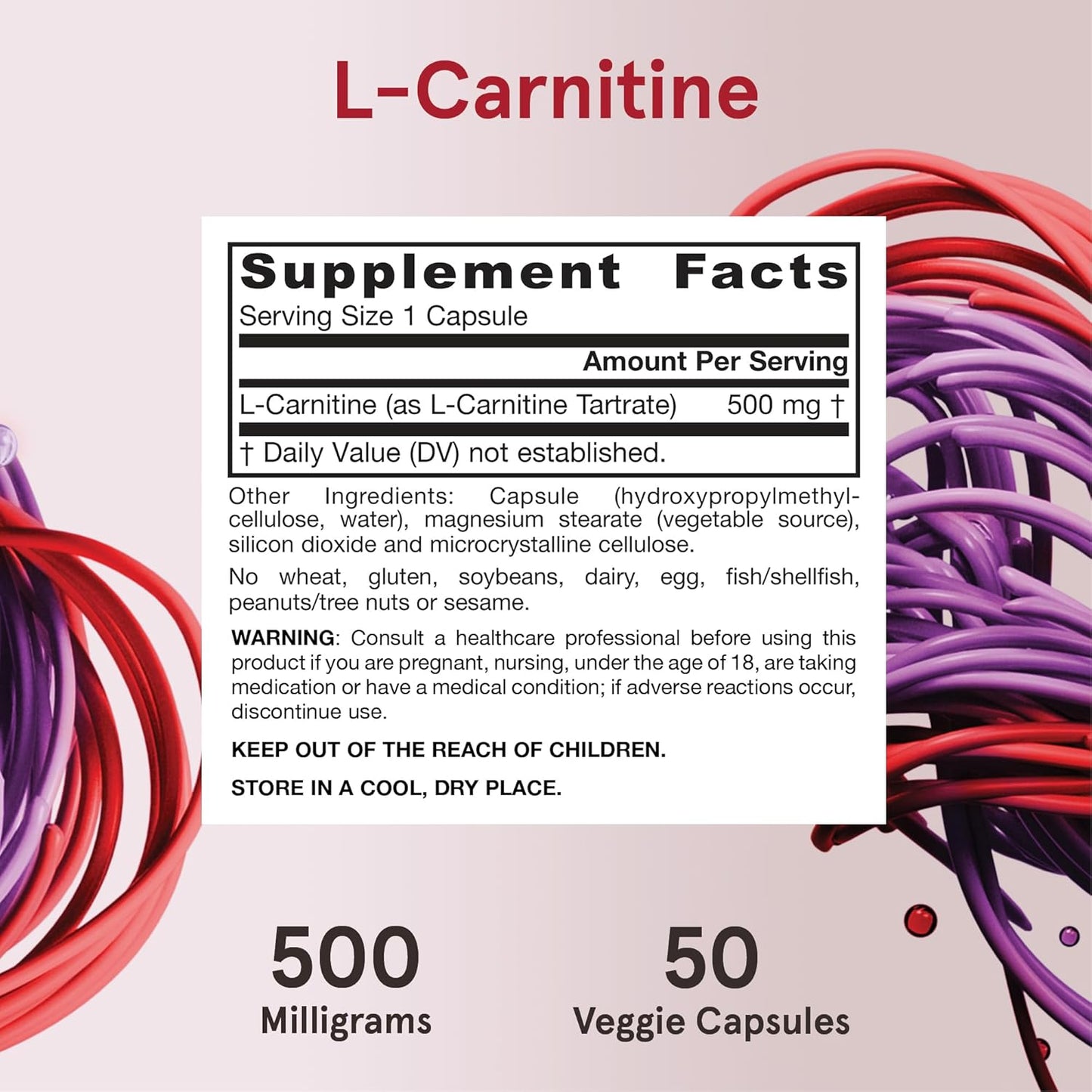 Jarrow Formulas® L-Carnitine 500 mg Dietary Supplement - 50 Veggie Capsules for Cellular Energy Production