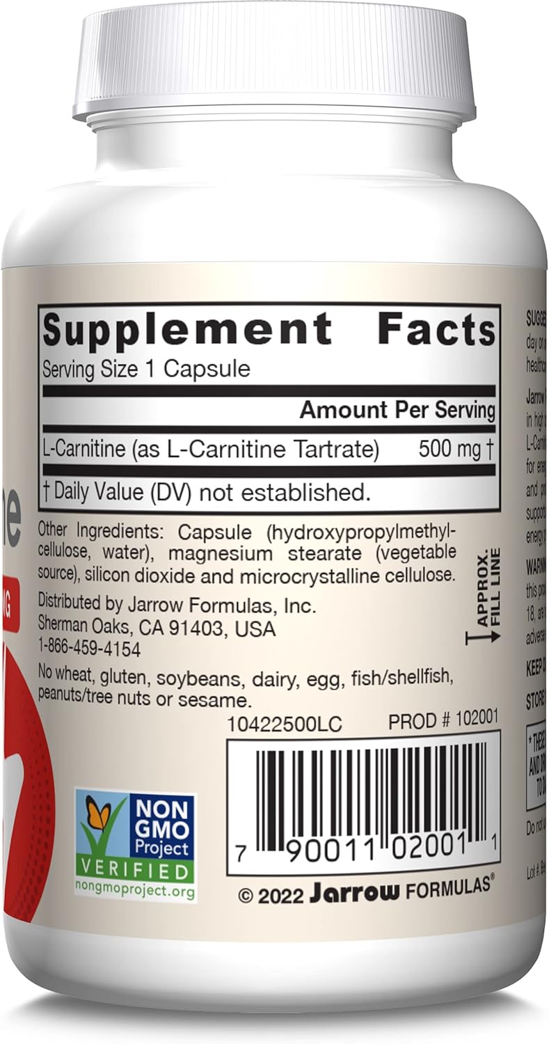 Jarrow Formulas L-Carnitine 500 mg Dietary Supplement - Supports Cellular Energy - 600 Veggie Capsules for 600 Day Supply