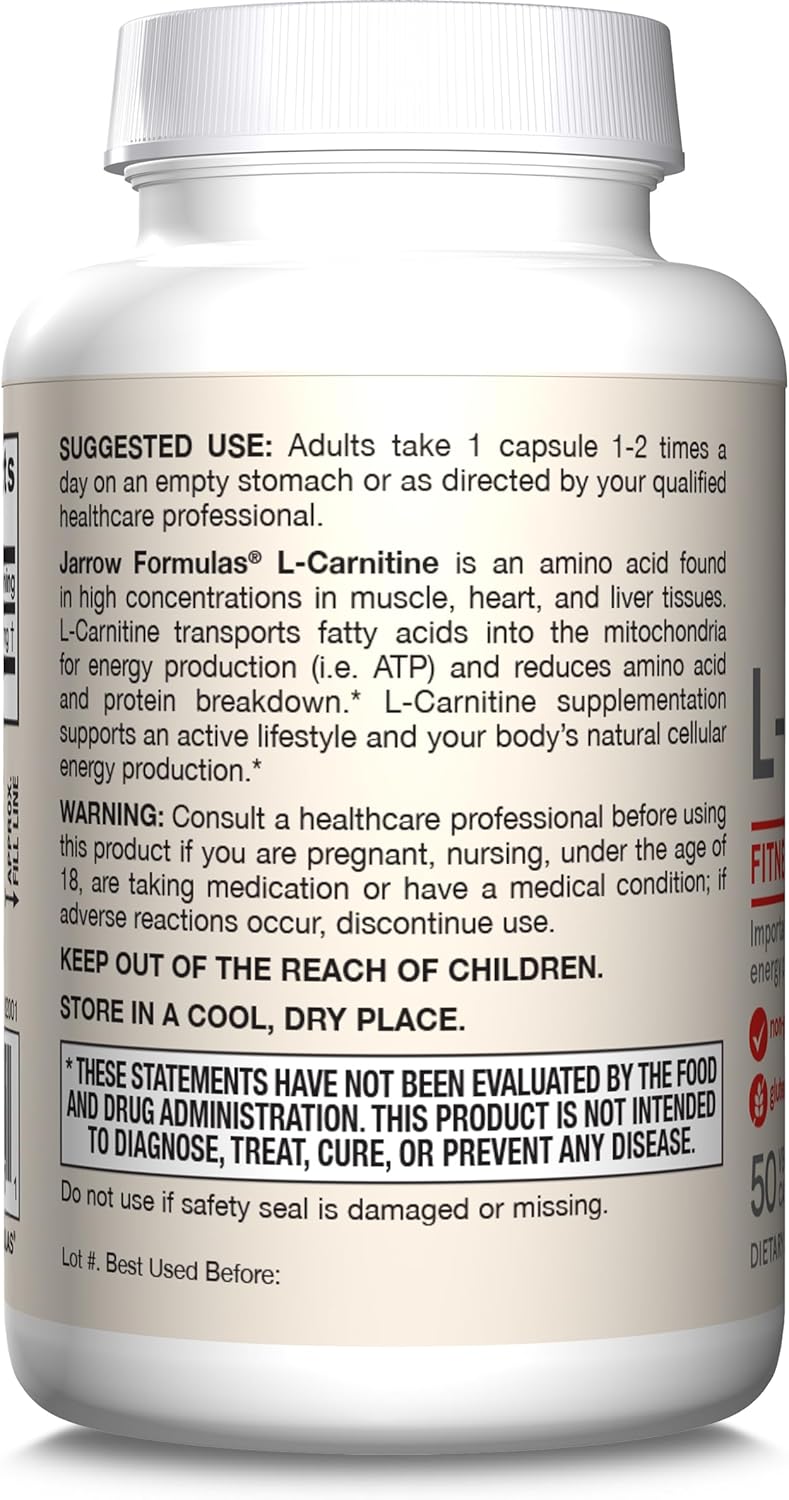 Jarrow Formulas® L-Carnitine 500 mg Dietary Supplement - 50 Veggie Capsules for Cellular Energy Production