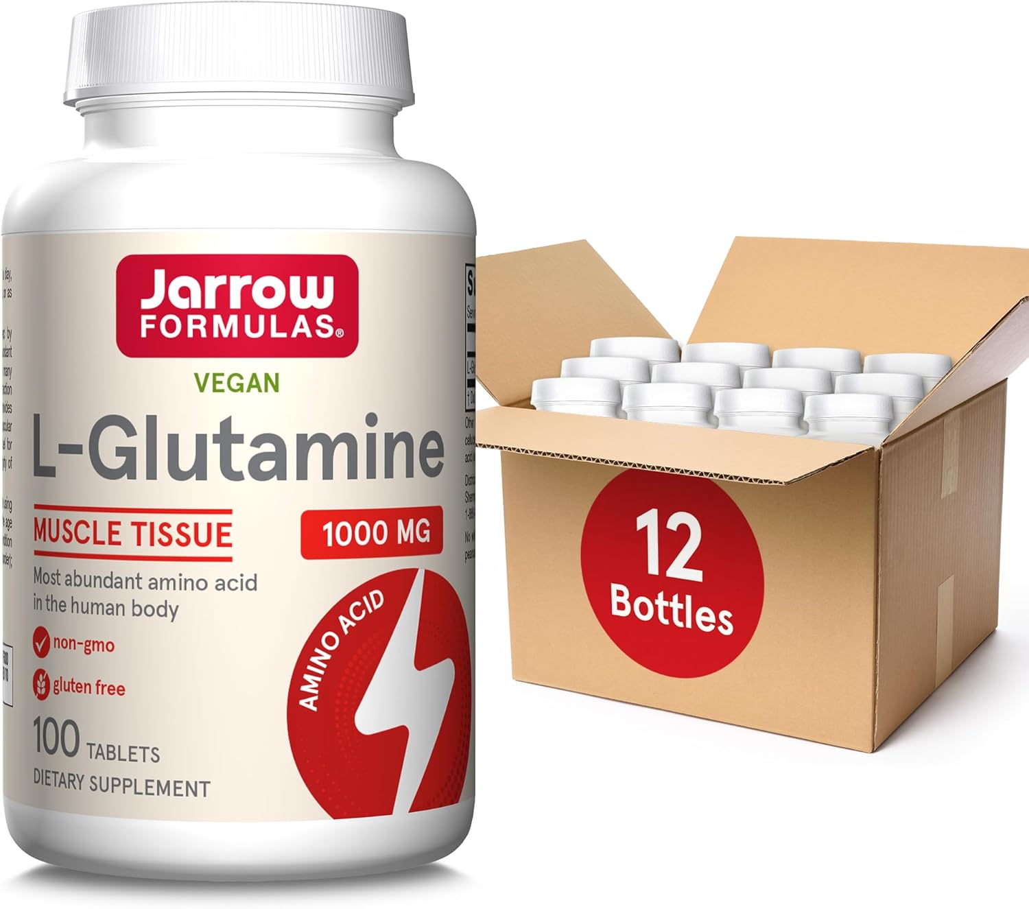 Jarrow Formulas L-Glutamine 1000 mg Tablets for Muscle Tissue and Immune Support - Pack of 12, 50-100 Day Supply