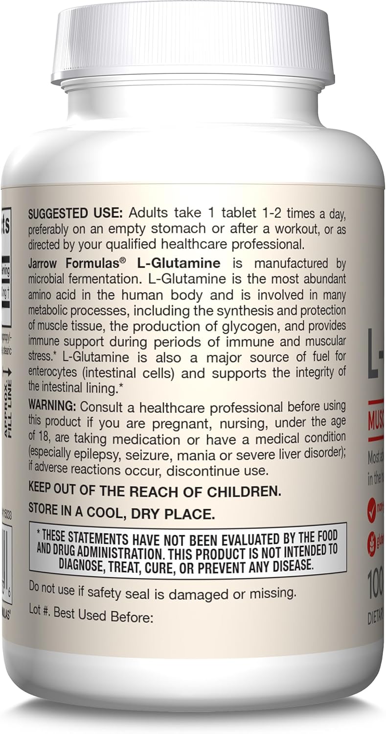 Jarrow Formulas L-Glutamine 1000 mg Tablets for Muscle Tissue and Immune Support - Pack of 12, 50-100 Day Supply