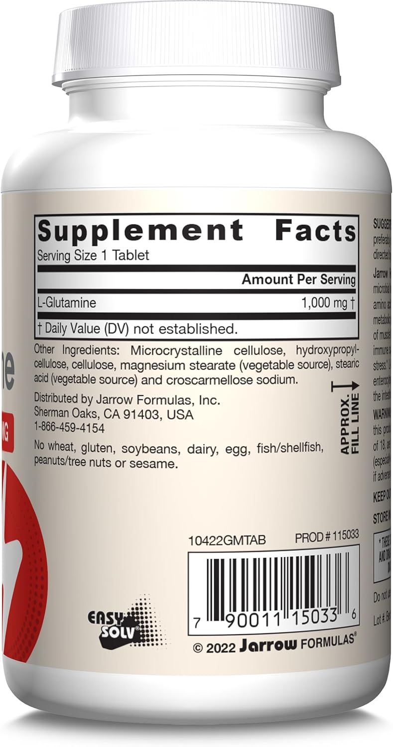 Jarrow Formulas L-Glutamine 1000 mg Tablets for Muscle Tissue and Immune Support - Pack of 12, 50-100 Day Supply