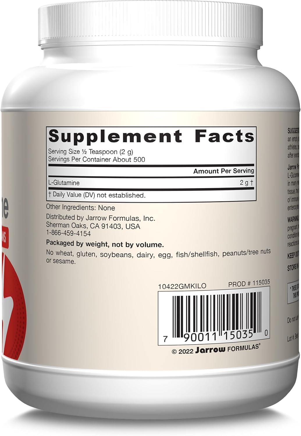 Jarrow Formulas L-Glutamine Powder - 1000g (2.2 lb) - Muscle Tissue Support - Immune Boost - 500 Day Supply