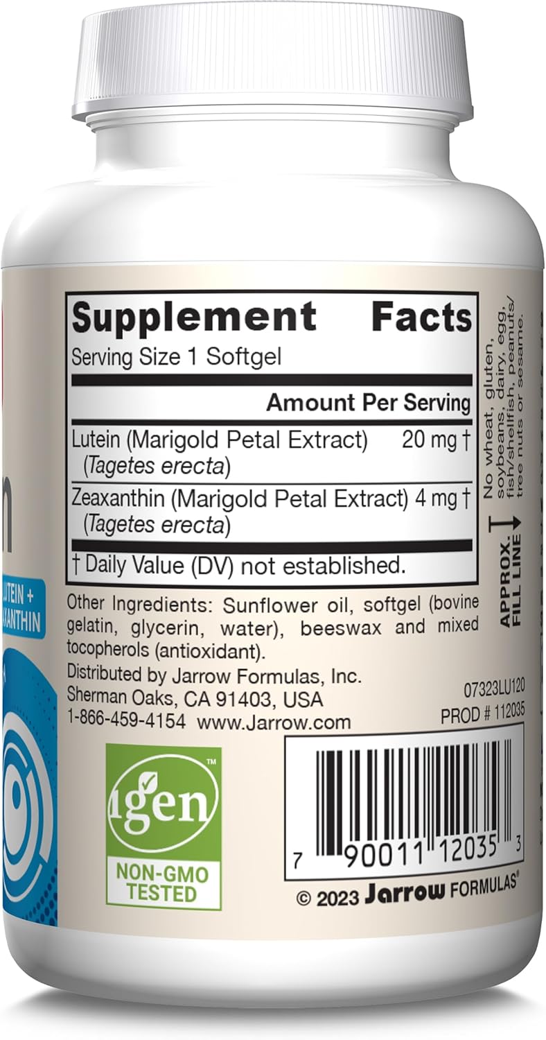 Jarrow Formulas Lutein 20 mg with Zeaxanthin Softgels - 120 Day Supply for Visual Function and Macular Health
