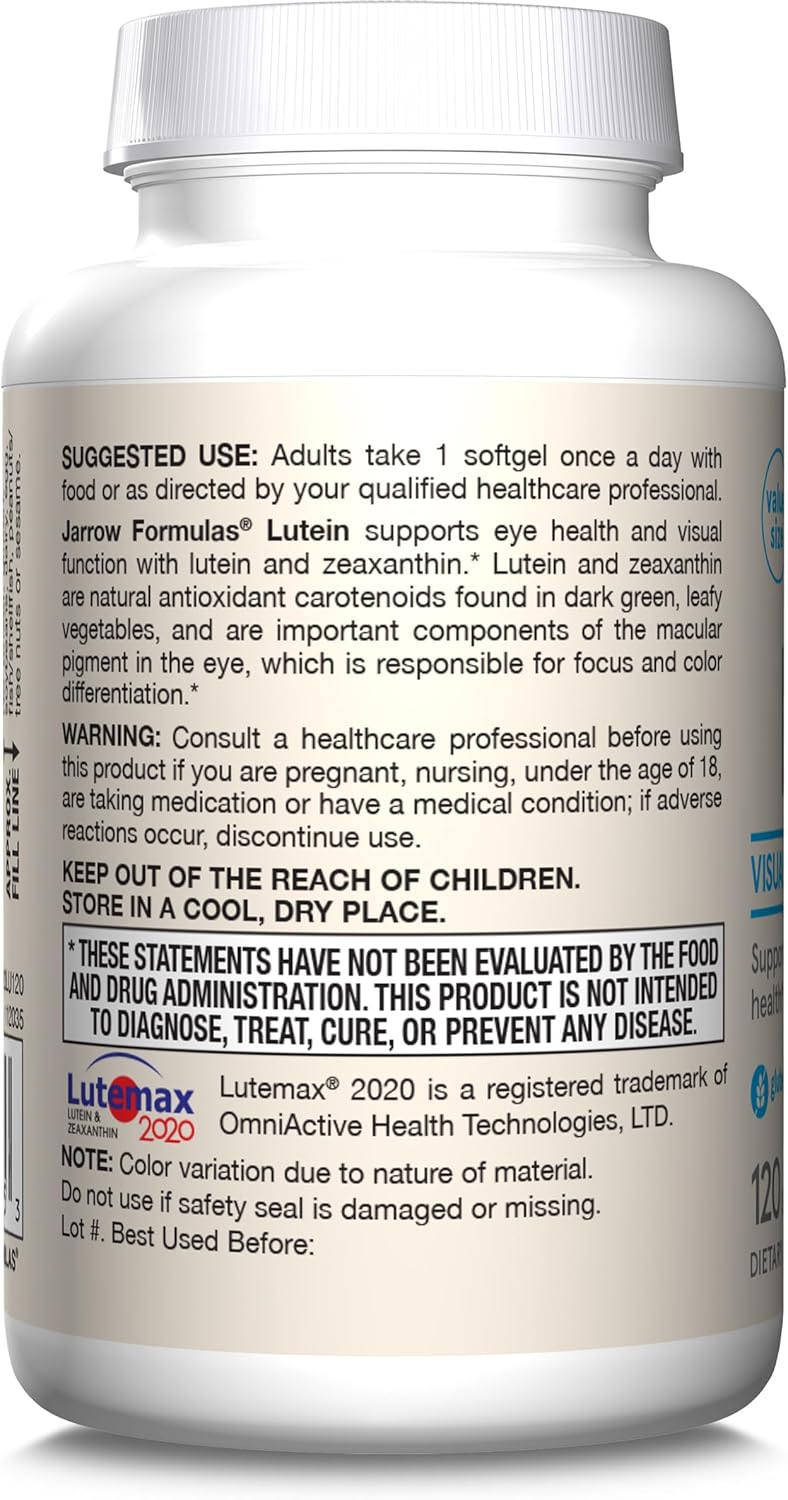 Jarrow Formulas Lutein 20 mg with Zeaxanthin Softgels - 120 Day Supply for Visual Function and Macular Health
