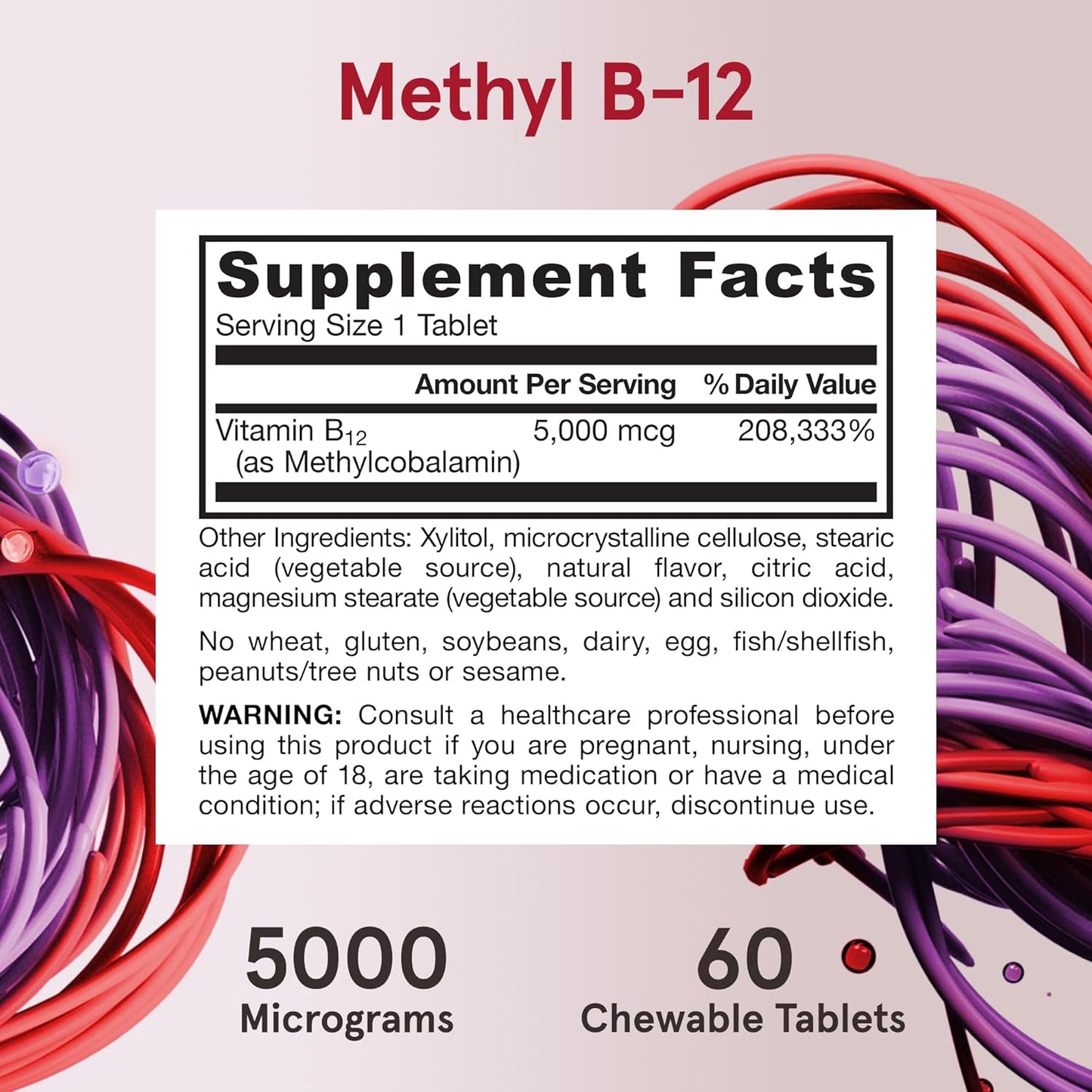 Jarrow Formulas Methyl B-12 5000 mcg Chewable Tablets for Energy and Brain Health, 60 Day Supply