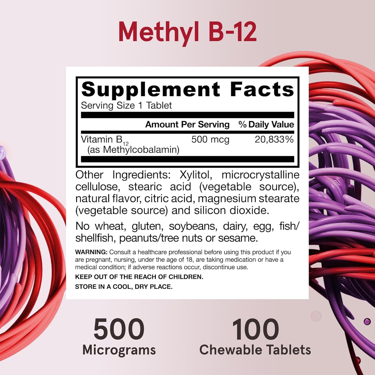 Jarrow Formulas Methyl B-12 500mcg Chewable Tablets for Energy & Brain Health - 1200 Tablets, 100 Day Supply