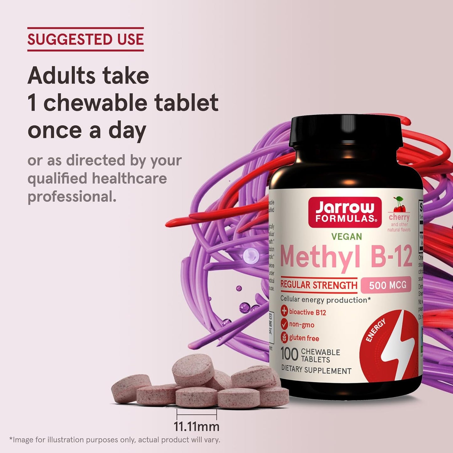 Jarrow Formulas Methyl B-12 500mcg Chewable Tablets for Energy & Brain Health - 1200 Tablets, 100 Day Supply