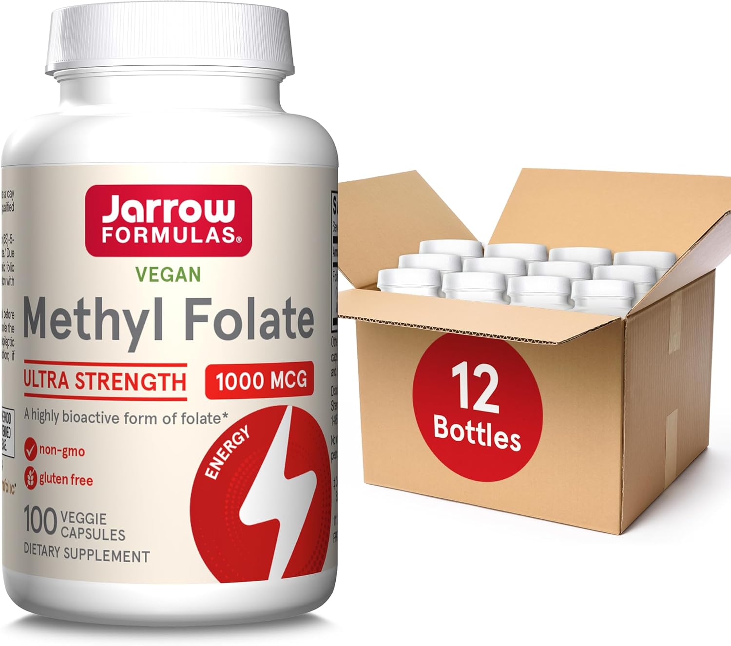 Jarrow Formulas Methyl Folate 1000 mcg - 100 Veggie Capsules x 12 Pack - Dietary Supplement for Cellular Energy Support