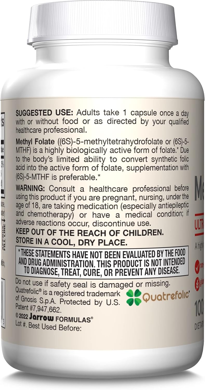 Jarrow Formulas Methyl Folate 1000 mcg - 100 Veggie Capsules x 12 Pack - Dietary Supplement for Cellular Energy Support