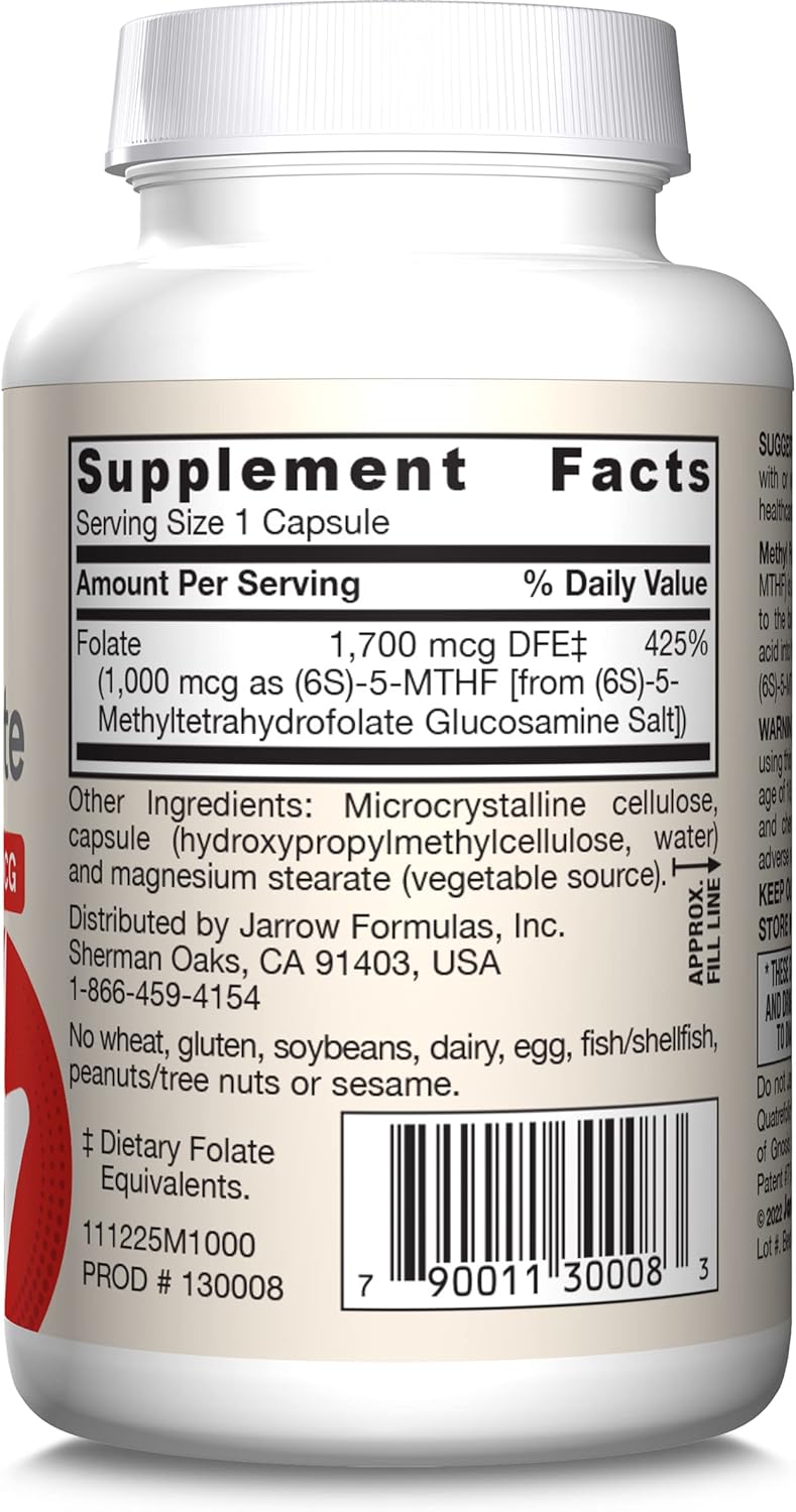 Jarrow Formulas Methyl Folate 1000 mcg - 100 Veggie Capsules x 12 Pack - Dietary Supplement for Cellular Energy Support