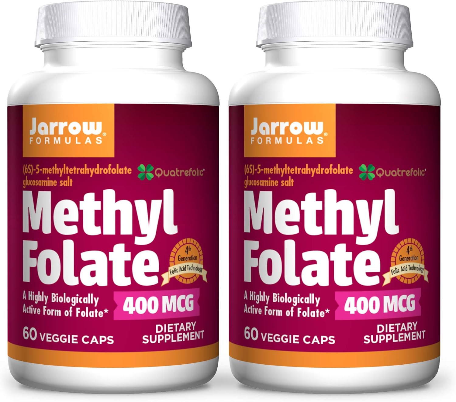 Jarrow Formulas Methyl Folate 400 mcg - 60 Veggie Capsules x 2 - Advanced Folic Acid Technology - 120 Servings