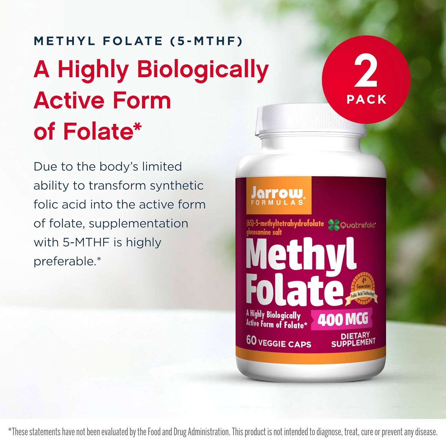 Jarrow Formulas Methyl Folate 400 mcg - 60 Veggie Capsules x 2 - Advanced Folic Acid Technology - 120 Servings