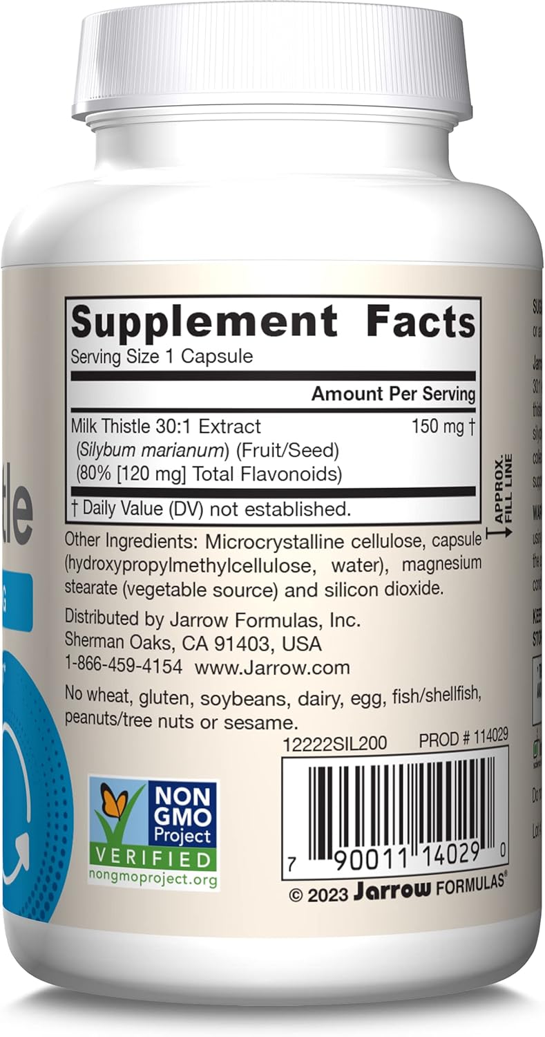 Jarrow Formulas Milk Thistle 150mg Extract Capsules for Liver Support, 200 Veggie Caps, 30:1 Silymarin, 66-200 Day Supply