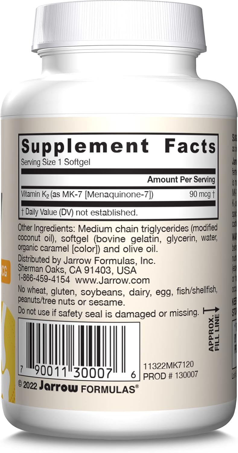 Jarrow Formulas MK-7 90 mcg Softgels - Vitamin K2 Supplement for Bone & Heart Health - 120 Servings - Gluten Free Formula