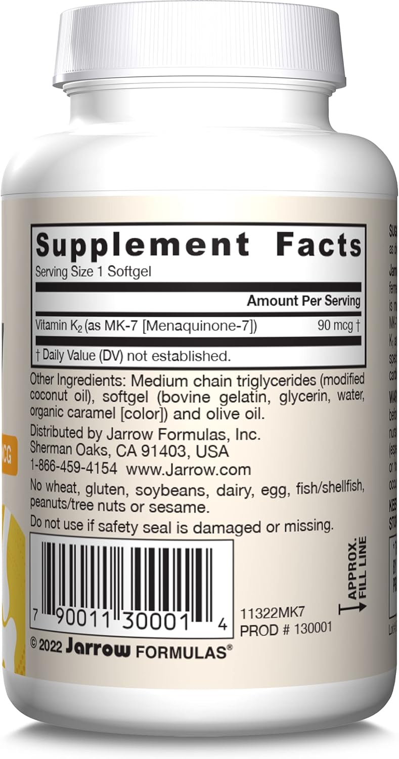Jarrow Formulas MK-7 90 mcg Softgels - Vitamin K2 for Bone & Cardiovascular Health - Gluten Free Dietary Supplement