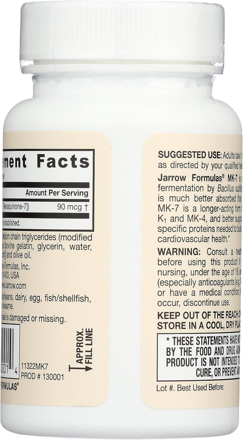 Jarrow Formulas MK-7 90 mcg Softgels - Vitamin K2 for Bone & Cardiovascular Health - Gluten Free Dietary Supplement
