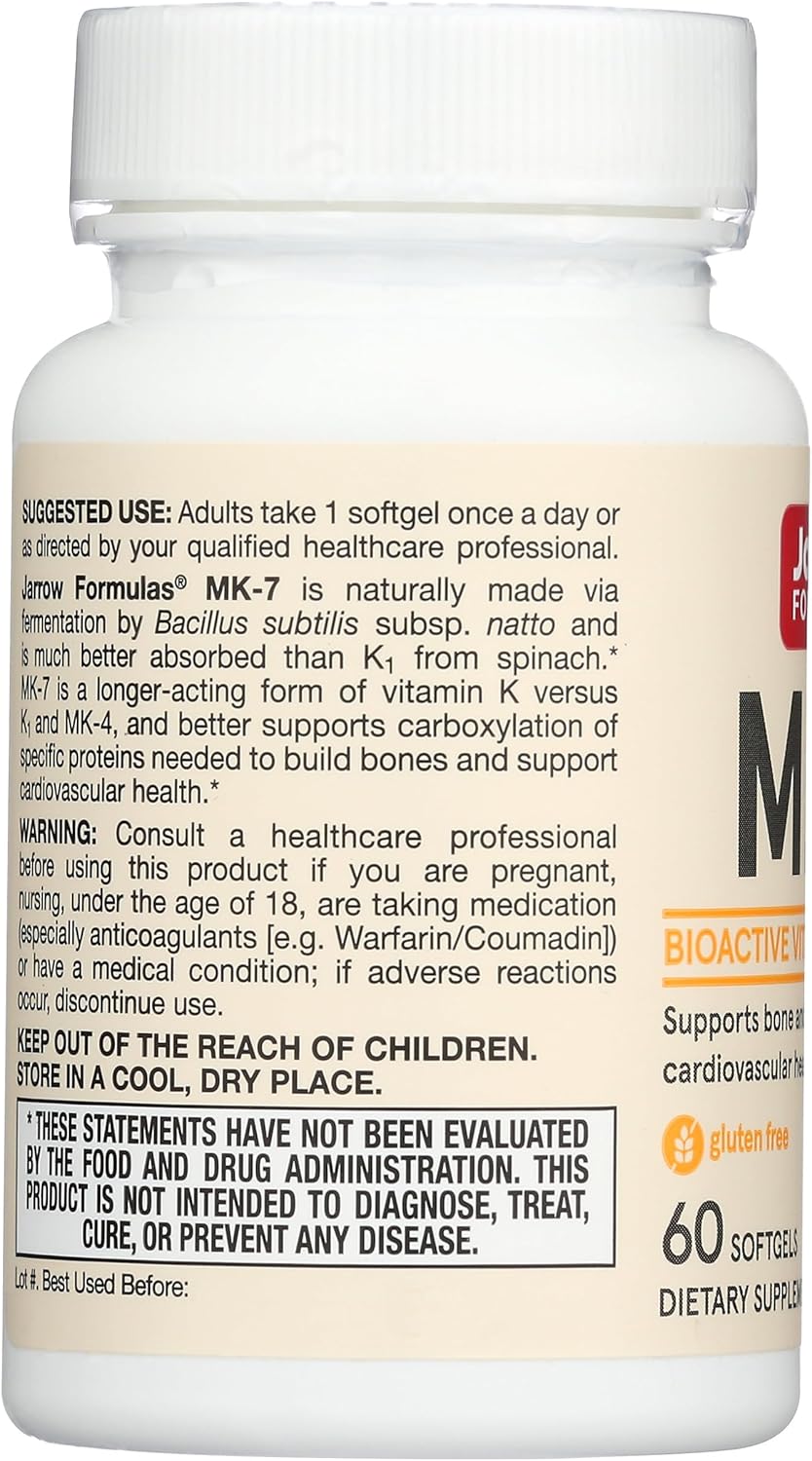 Jarrow Formulas MK-7 90 mcg Softgels - Vitamin K2 for Bone & Cardiovascular Health - Gluten Free Dietary Supplement