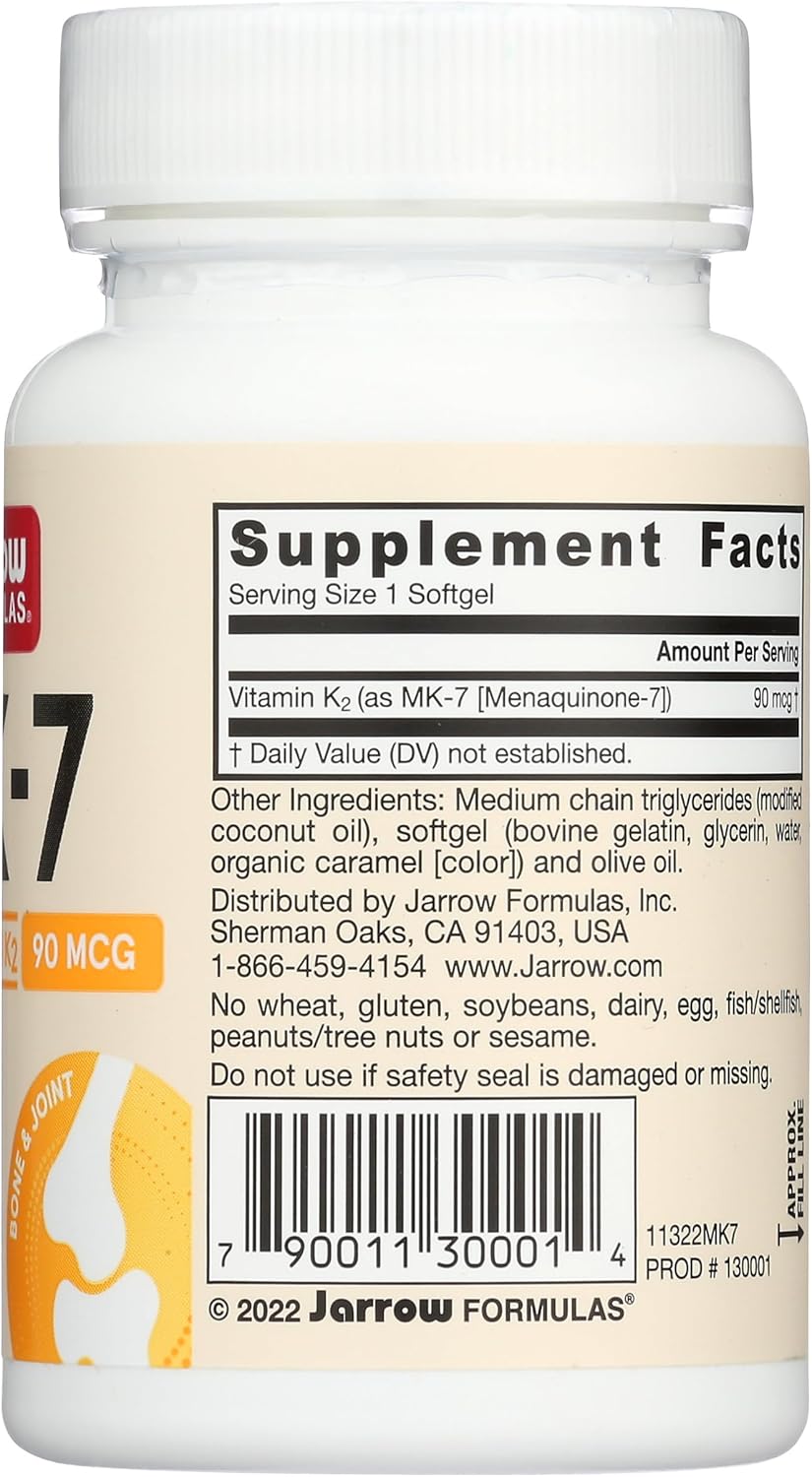 Jarrow Formulas MK-7 90 mcg Softgels - Vitamin K2 for Bone & Cardiovascular Health - Gluten Free Dietary Supplement