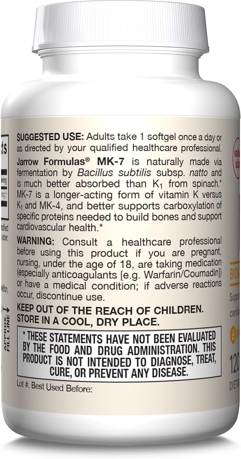 Jarrow Formulas MK-7 90 mcg Softgels - Vitamin K2 Supplement for Bone & Heart Health - 120 Servings - Gluten Free Formula