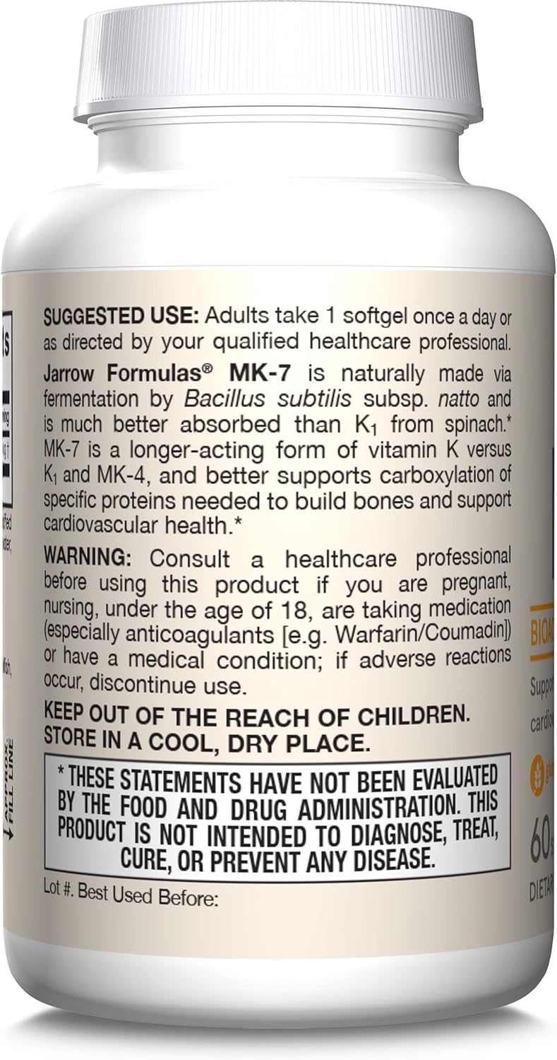 Jarrow Formulas MK-7 90 mcg Softgels - Vitamin K2 for Bone & Cardiovascular Health - Gluten Free Dietary Supplement