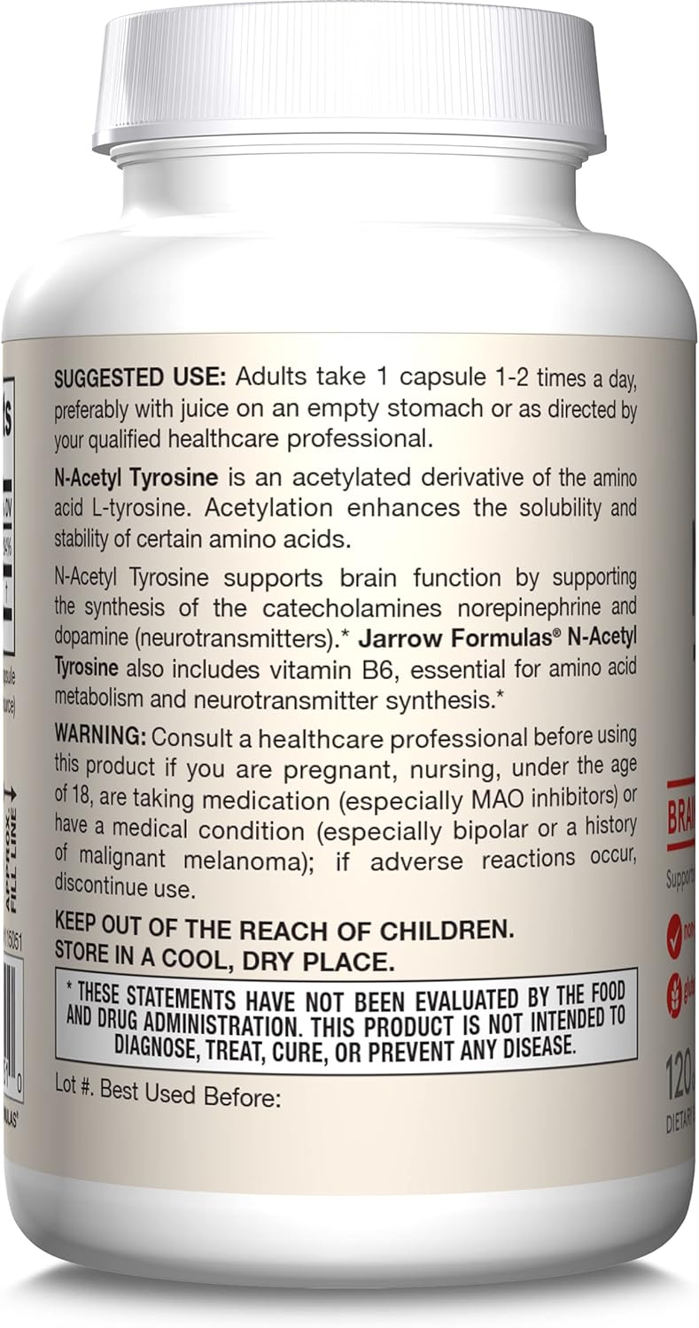 Jarrow Formulas N-Acetyl Tyrosine 350 mg Capsules with Vitamin B6 for Brain Support, 120 Day Supply