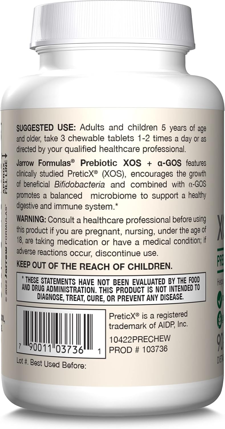 Jarrow Formulas Prebiotic XOS + GOS Chewable Fiber Tablets for Gut Health Support, 90 Count, 30 Day Supply