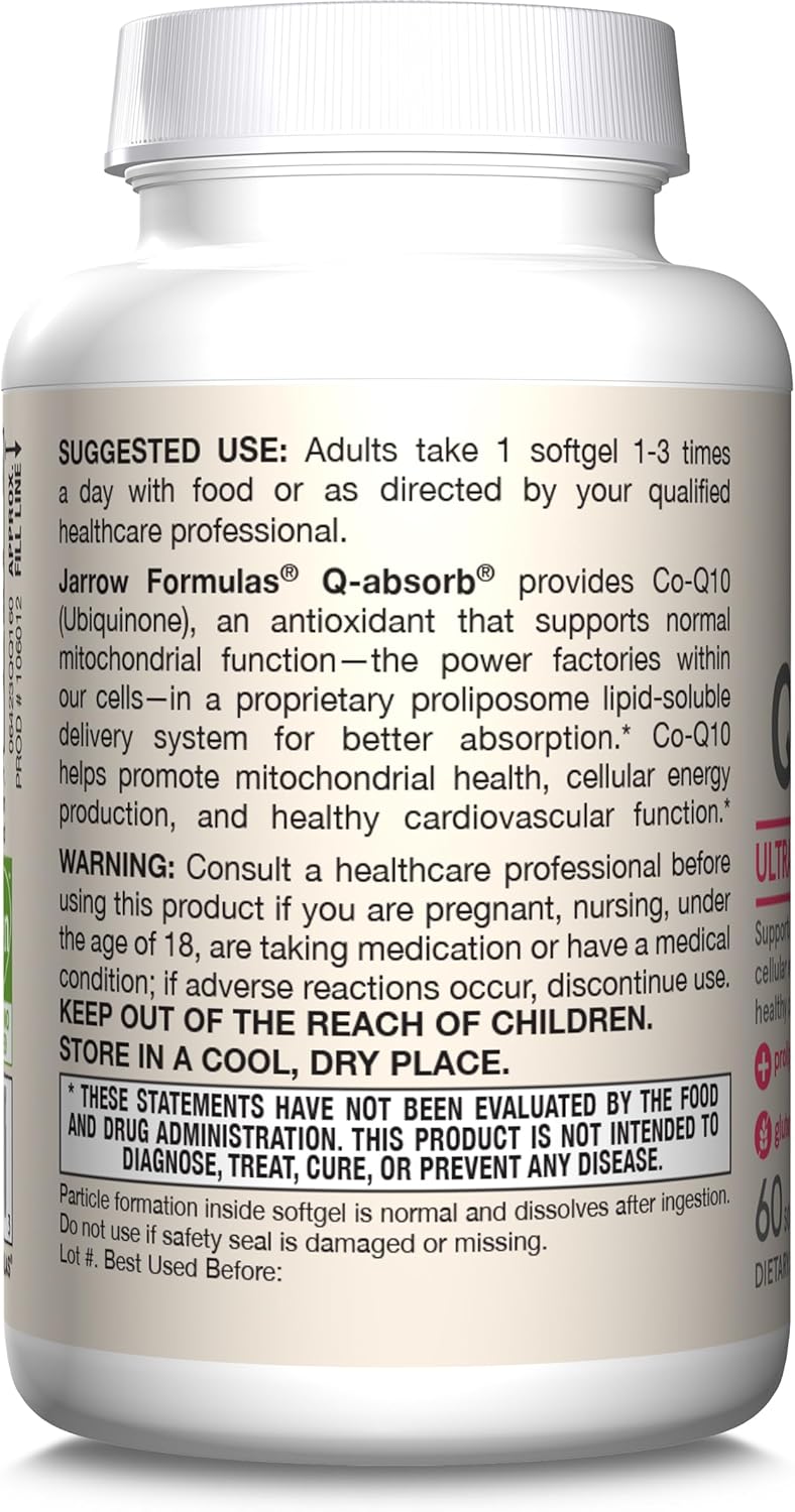 Jarrow Formulas Q-absorb CoQ10 100mg Softgels - Antioxidant Support for Cardiovascular Health - 60 Day Supply
