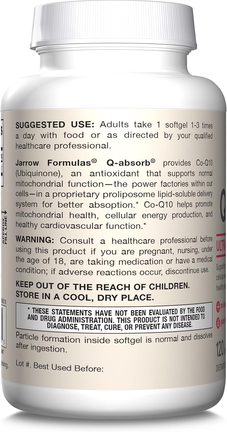Jarrow Formulas Q-absorb CoQ10 100mg Softgels - Antioxidant for Cellular Energy & Cardiovascular Health - 120 Day Supply