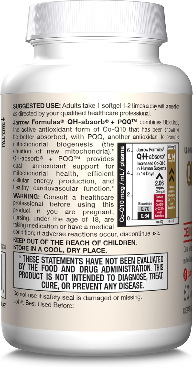 Jarrow Formulas QH-Absorb + PQQ, Antioxidant Dietary Supplement for Cellular Energy and Heart Health, 720 Softgels
