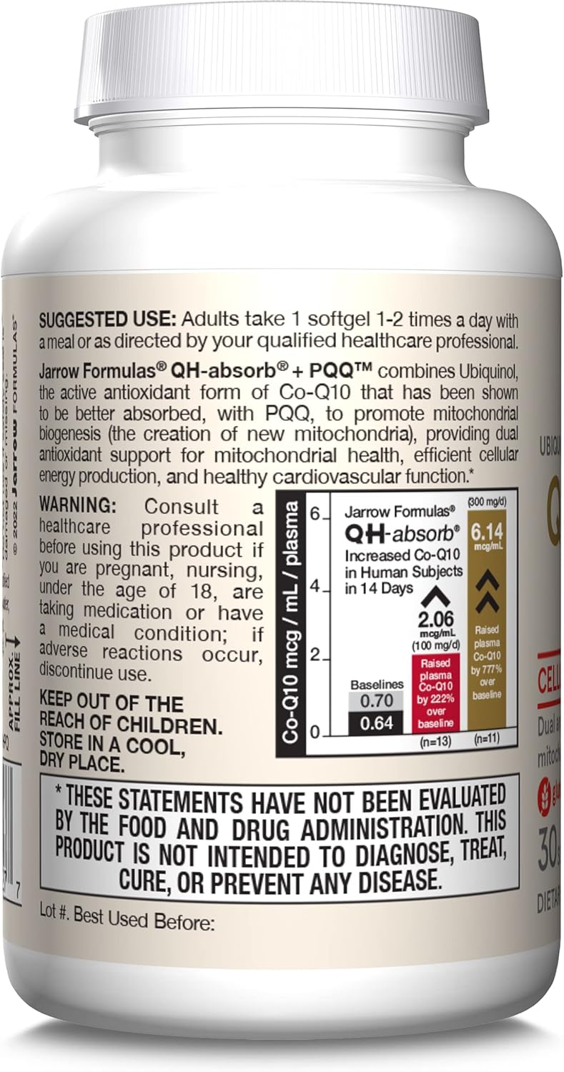 Jarrow Formulas QH-Absorb + PQQ Softgels - Antioxidant Support for Cellular Energy and Cardiovascular Health - 30 Day Supply
