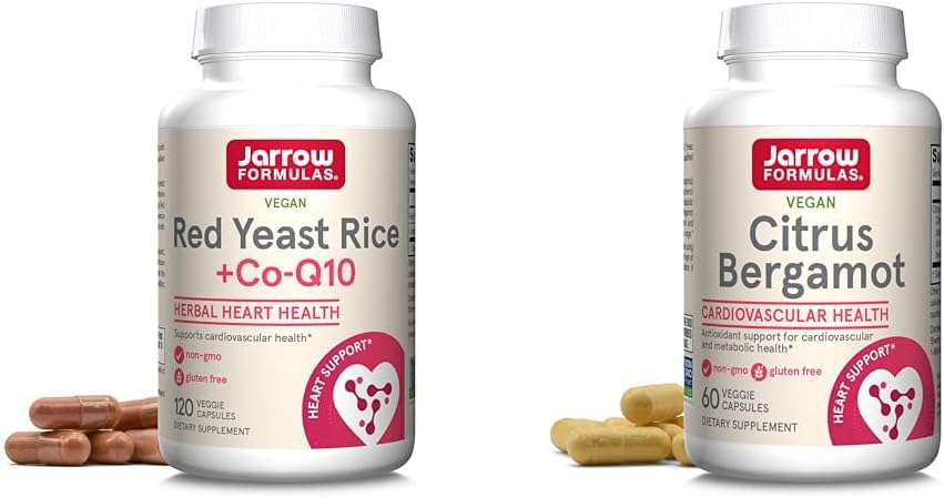 Jarrow Formulas Red Yeast Rice and Co-Q10 Capsules for Heart Health - 1200mg & 100mg - 120 Veggie Caps - Vegan with Citrus Bergamot 500mg - 60 Servings