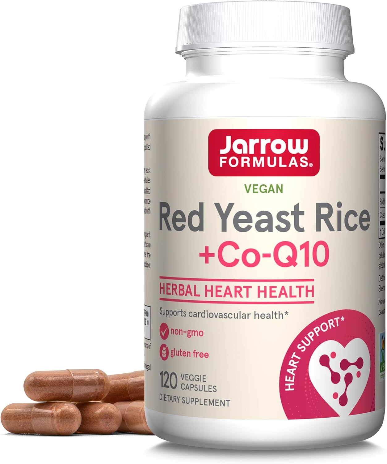 Jarrow Formulas Red Yeast Rice and Co-Q10 Capsules for Heart Health - 1200mg & 100mg - 120 Veggie Caps - Vegan with Citrus Bergamot 500mg - 60 Servings