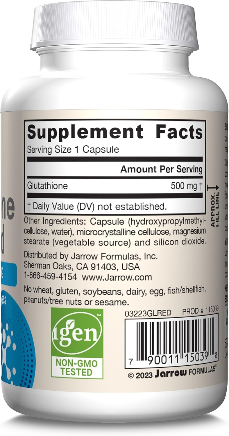 Jarrow Formulas Reduced Glutathione 500mg Capsules - Antioxidant Support for Vitamins C & E - Non-GMO, Gluten Free, Vegan - 60ct x 12 Pack