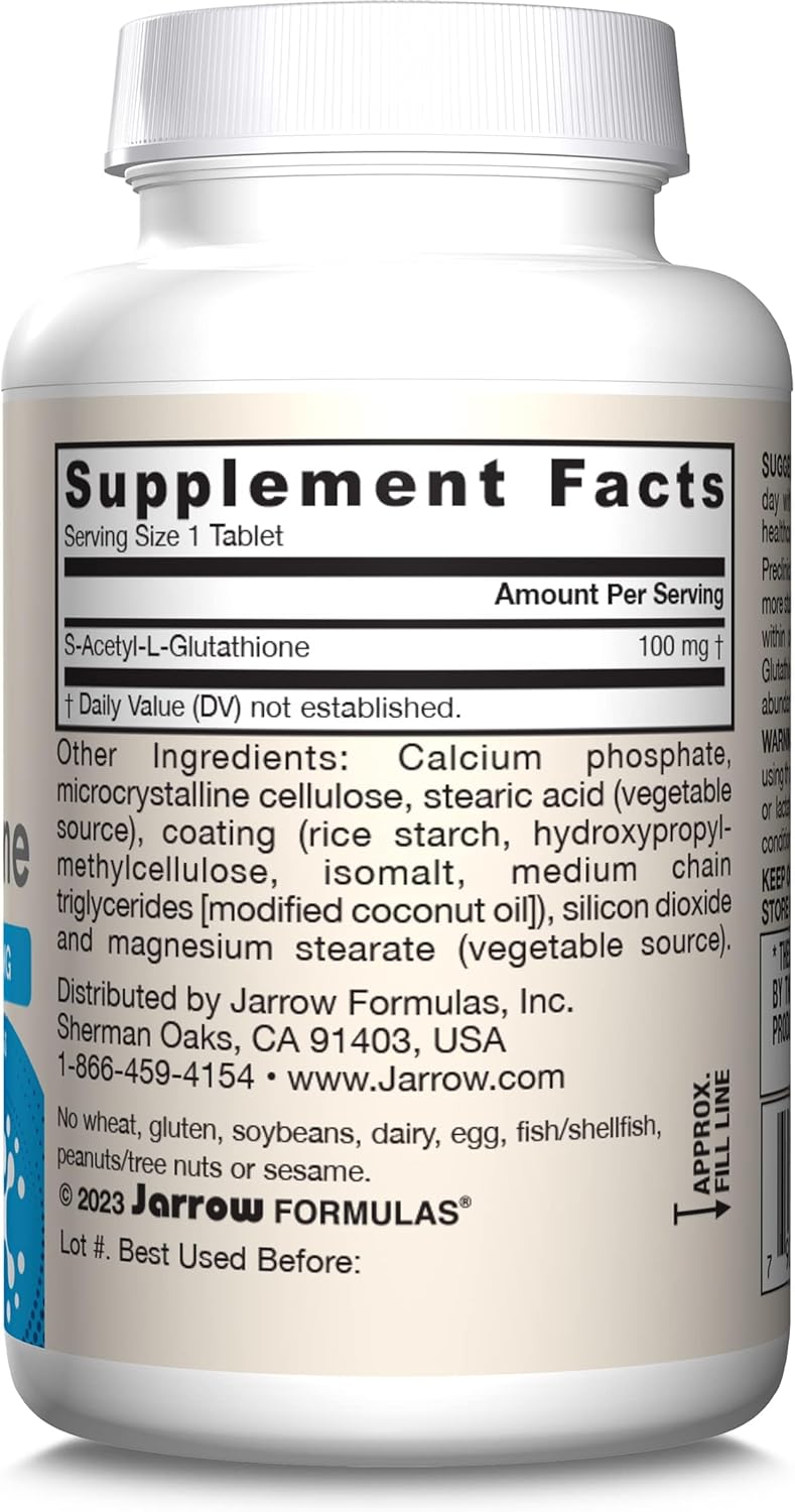 Jarrow Formulas S-Acetyl L-Glutathione Tablets - 100mg - 60 Count - Antioxidant Support & Detox - Non-GMO - Gluten Free