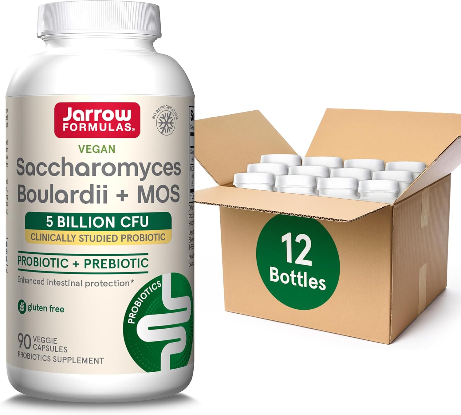 Jarrow Formulas Saccharomyces Boulardii Probiotics + MOS 5 Billion CFU - Intestinal Health Support, Gut Health Supplement, 90 Veggie Caps, Pack of 12