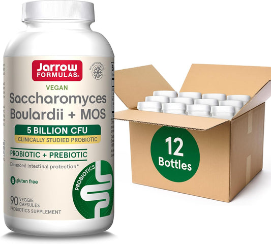 Jarrow Formulas Saccharomyces Boulardii Probiotics + MOS 5 Billion CFU - Intestinal Health Support, Gut Health Supplement, 90 Veggie Caps, Pack of 12