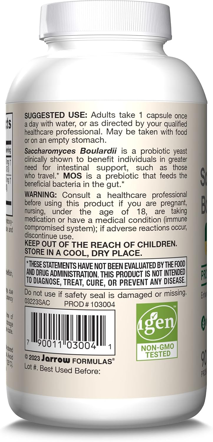 Jarrow Formulas Saccharomyces Boulardii Probiotics + MOS 5 Billion CFU - Intestinal Health Support, Gut Health Supplement, 90 Veggie Caps, Pack of 12