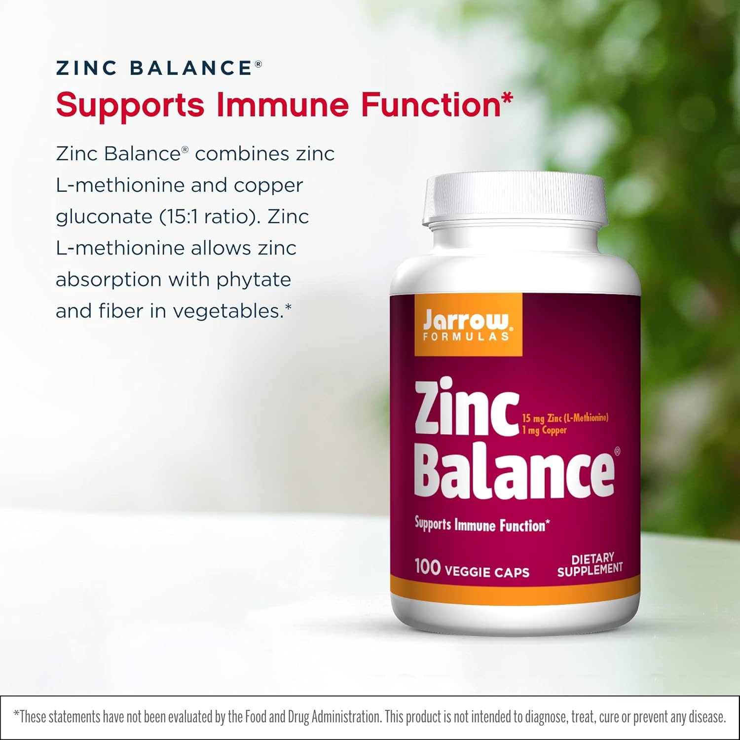 Jarrow Formulas Zinc Balance 15mg with Copper - 200 Veggie Capsules for Immune Support