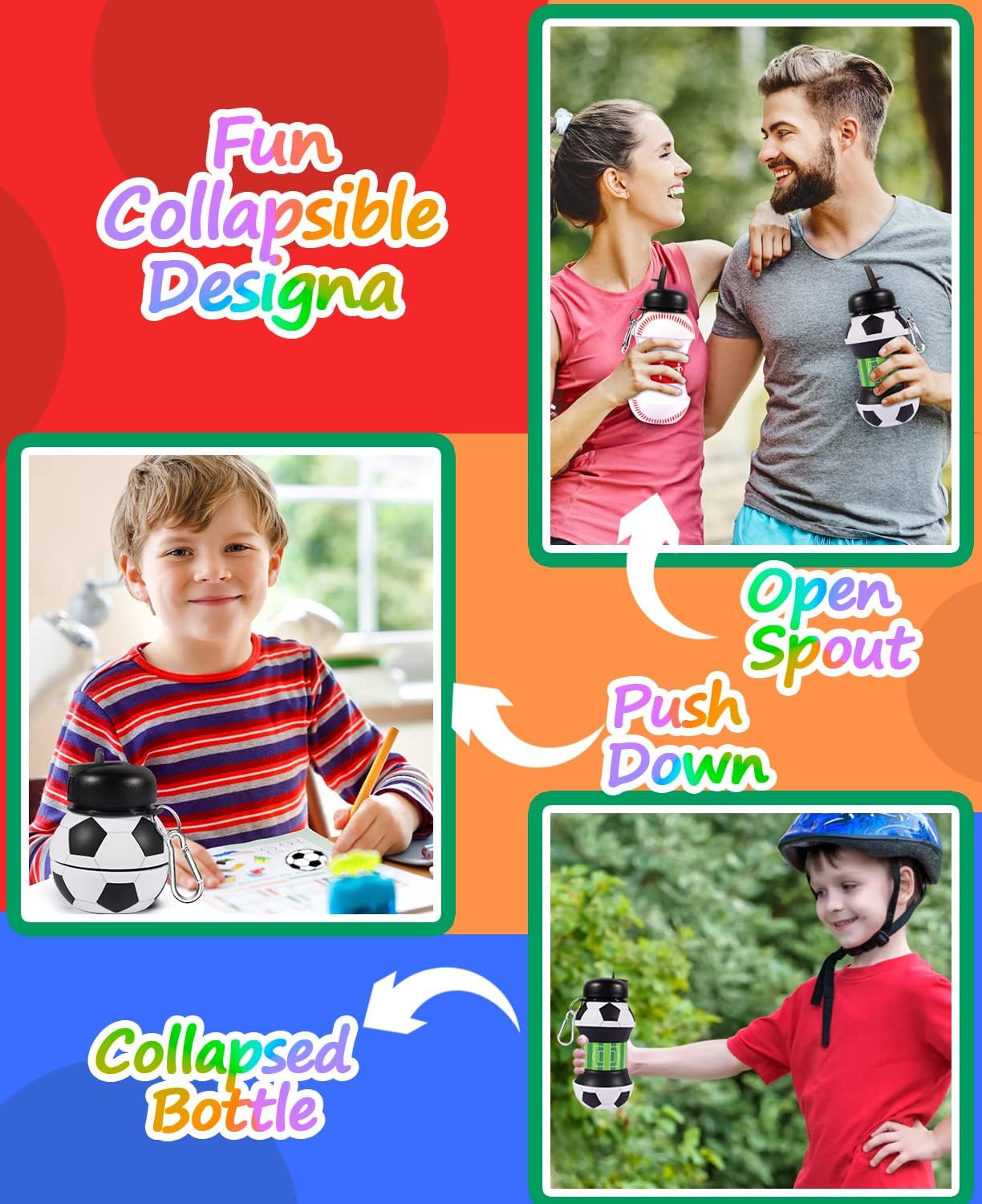 Jasswevo Collapsible Sports Water Bottle for Boys and Men, 19oz BPA-Free Silicone with Leakproof Flip Spout - Ideal for School, Sports, and Travel - Black & White Soccer Design - Christmas and Birthday Gift