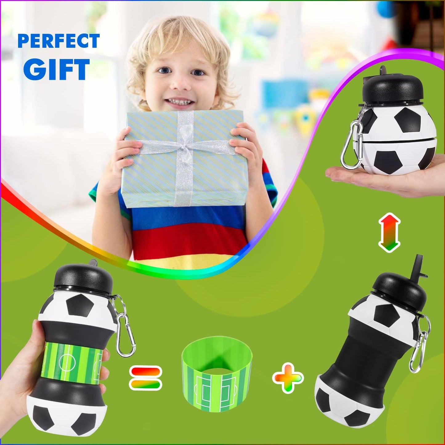 Jasswevo Collapsible Sports Water Bottle for Boys and Men, 19oz BPA-Free Silicone with Leakproof Flip Spout - Ideal for School, Sports, and Travel - Black & White Soccer Design - Christmas and Birthday Gift