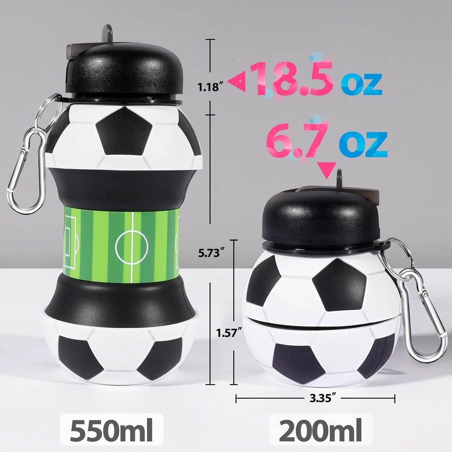 Jasswevo Collapsible Sports Water Bottle for Boys and Men, 19oz BPA-Free Silicone with Leakproof Flip Spout - Ideal for School, Sports, and Travel - Black & White Soccer Design - Christmas and Birthday Gift