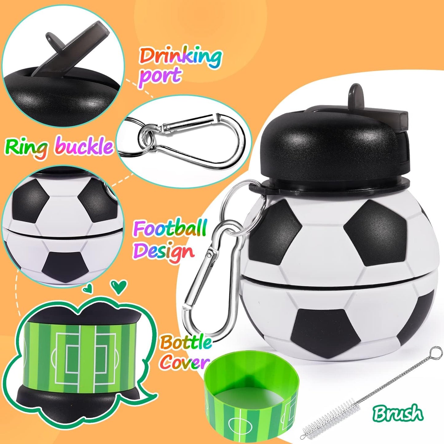 Jasswevo Collapsible Sports Water Bottle for Boys and Men, 19oz BPA-Free Silicone with Leakproof Flip Spout - Ideal for School, Sports, and Travel - Black & White Soccer Design - Christmas and Birthday Gift