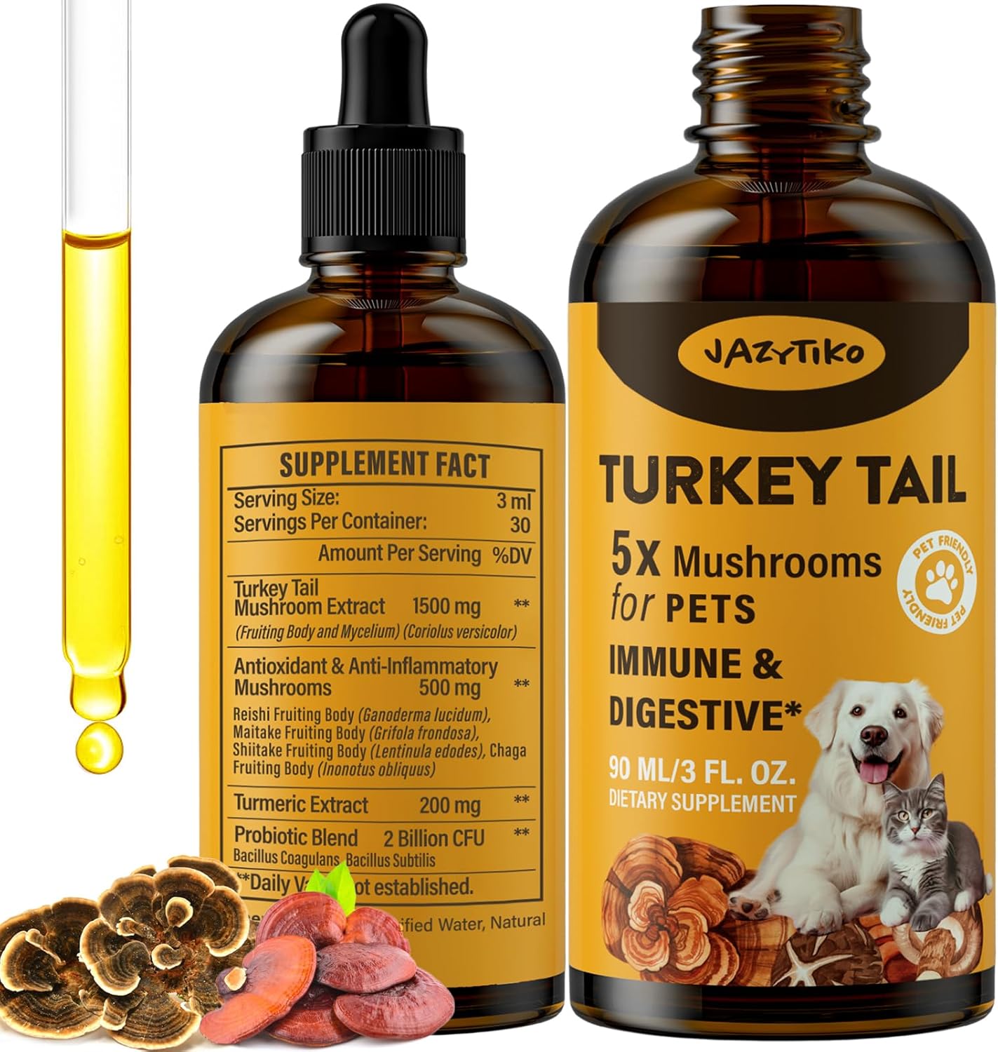 Jazytiko Turkey Tail Mushroom Drops for Dogs - 2000mg Immune & Digestive Support with Turmeric & Probiotic - Vet Formulated, 90 ML/3FL.oz