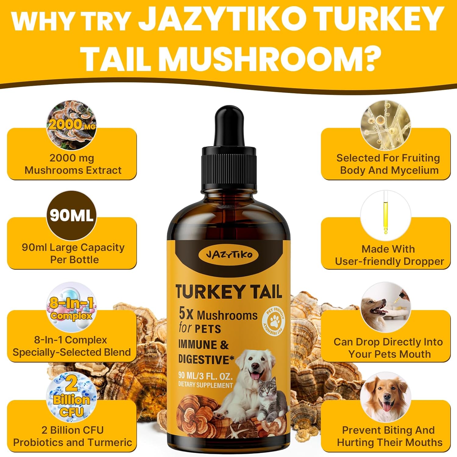 Jazytiko Turkey Tail Mushroom Drops for Dogs - 2000mg Immune & Digestive Support with Turmeric & Probiotic - Vet Formulated, 90 ML/3FL.oz